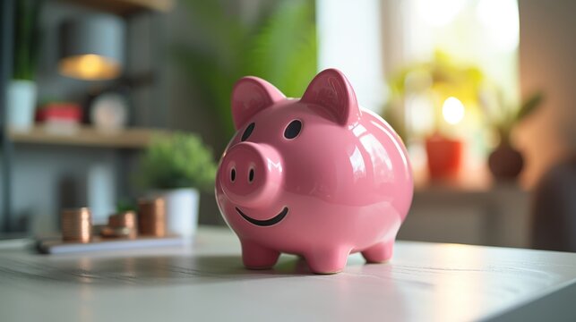 Pink piggy bank on a white desk symbolizing savings and financial planning.
