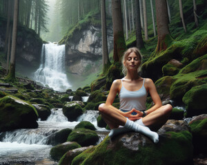 Woman doing yoga meditation in nature against the backdrop of a waterfall