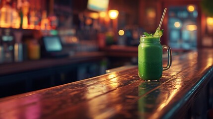 A fresh green smoothie in a mason jar on a rustic bar counter. - obrazy, fototapety, plakaty