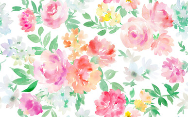 水彩で描いたカーネーションとバラのシームレスパターン