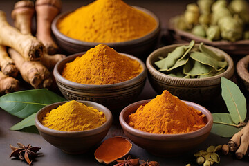 Vibrant curry powder, turmeric, ginger, and fragrant bay leaf—essential spices to elevate your culinary creations. Spice up your kitchen with these aromatic delights.