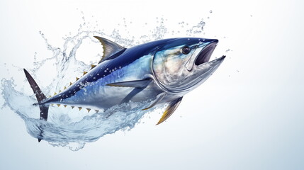 Atlantic bluefin tuna fish with water splash isolated on white background. AI Generative.