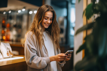 woman looking at a mobile phone and smiling in a public place