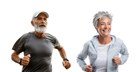 Set of Delighted Old Couples Racing and Maintaining a Healthy Lifestyle for Longevity, Mature Gentlemen and Ladies, Isolated on Transparent Background, PNG - obrazy, fototapety, plakaty