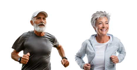 Set of Delighted Old Couples Racing and Maintaining a Healthy Lifestyle for Longevity, Mature Gentlemen and Ladies, Isolated on Transparent Background, PNG
