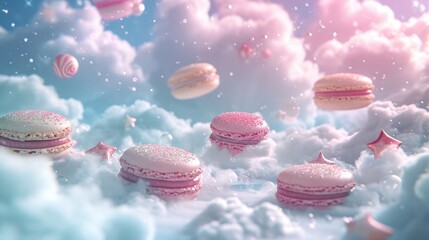 Dreamy floating macarons in a whimsical candy cloud landscape.