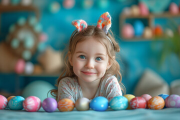 Fototapeta na wymiar A child excitedly opening an Easter surprise box, filled with colorful eggs and festive treats