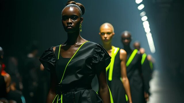 A striking contrast between the models black outfits and neon accessories makes a bold statement on the fashion runway.
