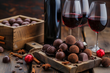 A curated wine and chocolate tasting setup with a variety of chocolates, two glasses of red wine, and spices on a rustic wooden table.
