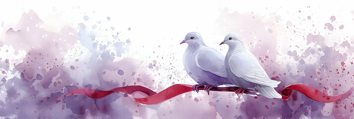 A pair of lovebirds on a red ribbon, wedding graphics for lovers