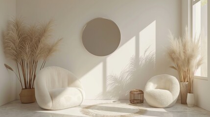 white minimalist interior living room layout with white fur armchairs and pampas grass in vase.