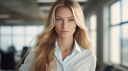 Portrait of businesswoman with long blond hair. Confident female 