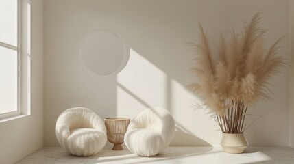 white minimalist interior living room layout with white fur armchairs and pampas grass in vase.