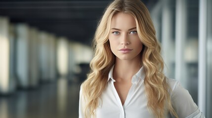 Portrait of businesswoman with long blond hair. Confident female 
