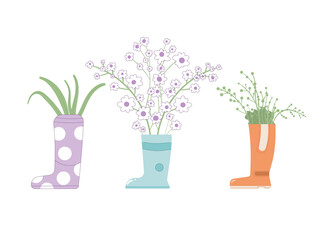 Gardening spring beauty set. Rubber boot with flowers bouquet. Vector illustration isolated on white background