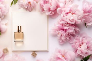 Flat Lay Composition with Pink Blossoms. Overhead view of perfume bottle among pink peonies on a flat lay composition, ideal for beauty and romantic themes. - obrazy, fototapety, plakaty