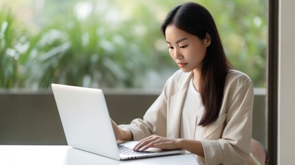 young asian girl woman happy and success holding computer laptop s