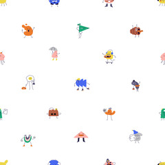Funny characters, seamless pattern. Cute comic fancy cartoon shapes, repeating print. Endless fun doodle background, kids texture design for wallpaper, wrapping. Colored flat vector illustration