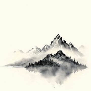 black and white watercolor of Chinese mountain