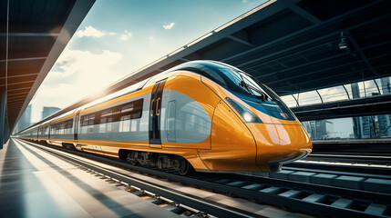 Naklejka premium High speed train in motion on the railway station at sunset. Fast moving modern passenger train on railway platform