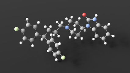 pimozide molecular structure, antipsychotic drug, ball and stick 3d model, structural chemical formula with colored atoms