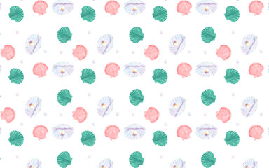 background seamless pattern seashell with pearl watercolor illustration 