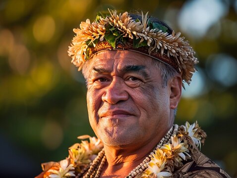 Fototapeta Man Wearing a Lei and Flower Crown at a Tropical Event