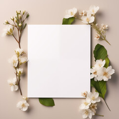 Top View Blank Paper with Spring Blossoms. Top view of a blank paper surrounded by white flowers and green leaves.