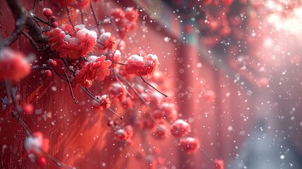 Snowy day, red wall of the Forbidden City, plum tree on a red wall, covered in snow
