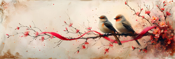 two birds on a branch decorated with a red ribbon, watercolor

