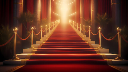 Fototapeta premium Red carpet staircase background, VIP entrance, night awards ceremony