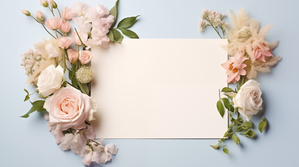 Top View Elegant Floral Card Invitation. Top view of elegant floral arrangement with blank card, ideal for wedding invitations.
