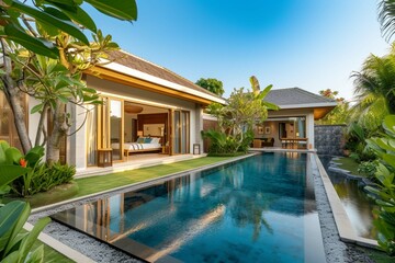 Fototapeta na wymiar home or house building Exterior and interior design showing tropical pool villa with green garden and bedroom