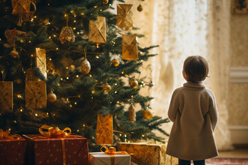 child stands near the New Year tree