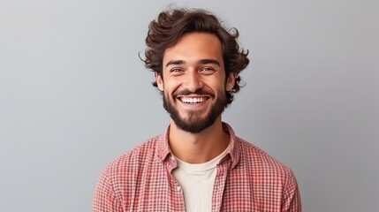 Smiling young bearded guy 20s in casual shirt posing 