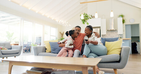 Support, black family on sofa and in living room of their home happy together smiling. Support or care, happiness or bonding time and African people cuddle on couch in their house for positivity - obrazy, fototapety, plakaty