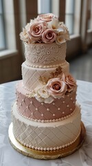 Obraz na płótnie Canvas Elegant three-tiered wedding cake princess style White and rose gold decorated with roses.