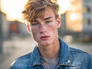 Young Man in Denim Jacket Looks at Camera