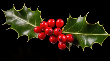 Sprig of three holly leaves with bright red berries on  background. 