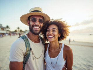 Portrait selfie shot of a couple of a young black man in sunglasses and a beautiful woman spending a holiday at the beach in summer, looking at the camera and smiling.