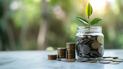 Eco-friendly savings concept with coins in a jar and a growing plant. - obrazy, fototapety, plakaty