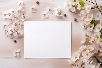 Top View Cherry Blossom Mockup Invitation. Top view of cherry blossoms around a blank card, perfect for invitations or announcements.