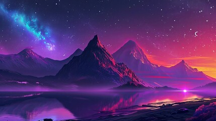 Fototapeta na wymiar Purple mountain landscape with a blue sky, in the style of digital fantasy landscapes, the stars art group, 32k uhd, magenta and amber, calm waters, romantic landscapes, colorful landscapes.