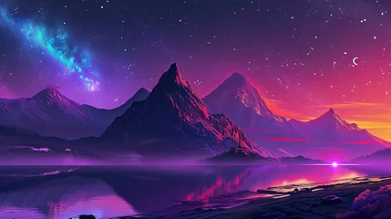 Fototapeten Purple mountain landscape with a blue sky, in the style of digital fantasy landscapes, the stars art group, 32k uhd, magenta and amber, calm waters, romantic landscapes, colorful landscapes. © James Ellis