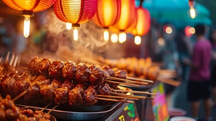 Street food delight with skewered meats and glowing lanterns at night.