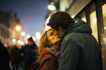 kiss and hug of a young couple on the street