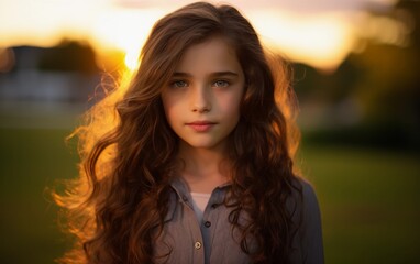 Young Girl With Long Hair Standing in a Field