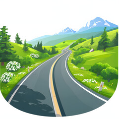 Road trip on a scenic highway isolated on white background, cartoon style, png
