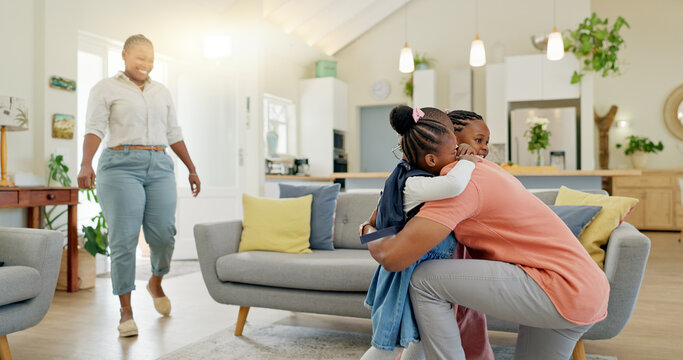 Father, Hug And Student After School With Love And Support In A Home Feeling Happy. House, Living Room And Dad With Children And Youth With A Family And Young Kids Together With Papa And Parent Care