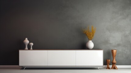 TV cabinet interior , White sideboard on dark blur wall with mable floor 